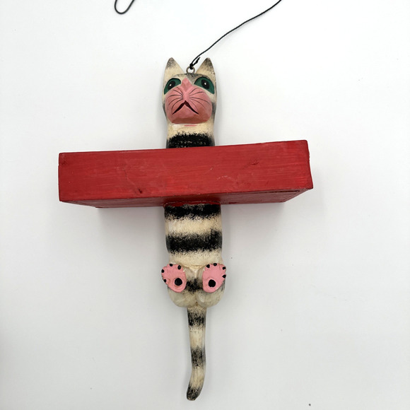 Vintage Novelty Hand Carved Wood Bird Feeder Hanging Cat - Picture 1 of 5
